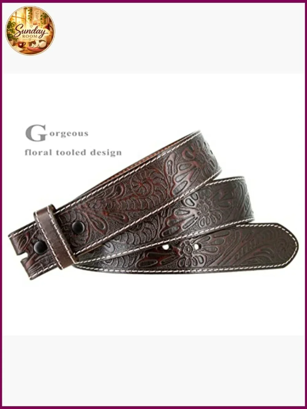 Full Grain Western Tooled Leather Strap Belt 1.5